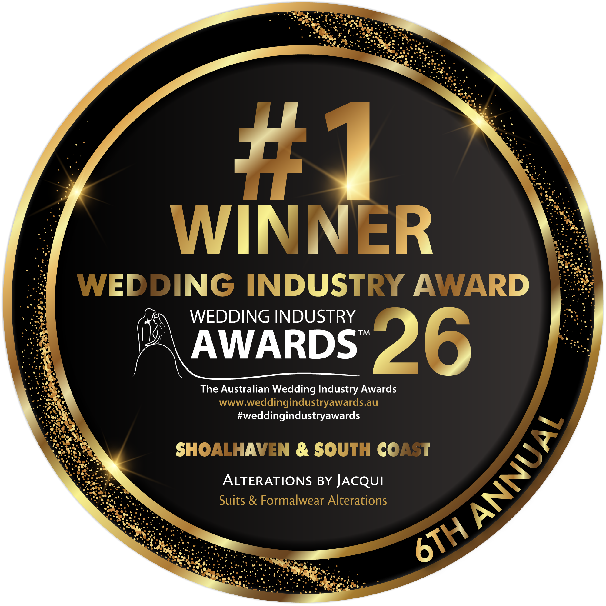 Wedding Industry Awards 2026 number one winner badge for Shoalhaven and South Coast suits and formalwear alterations awarded to Alterations by Jacqui