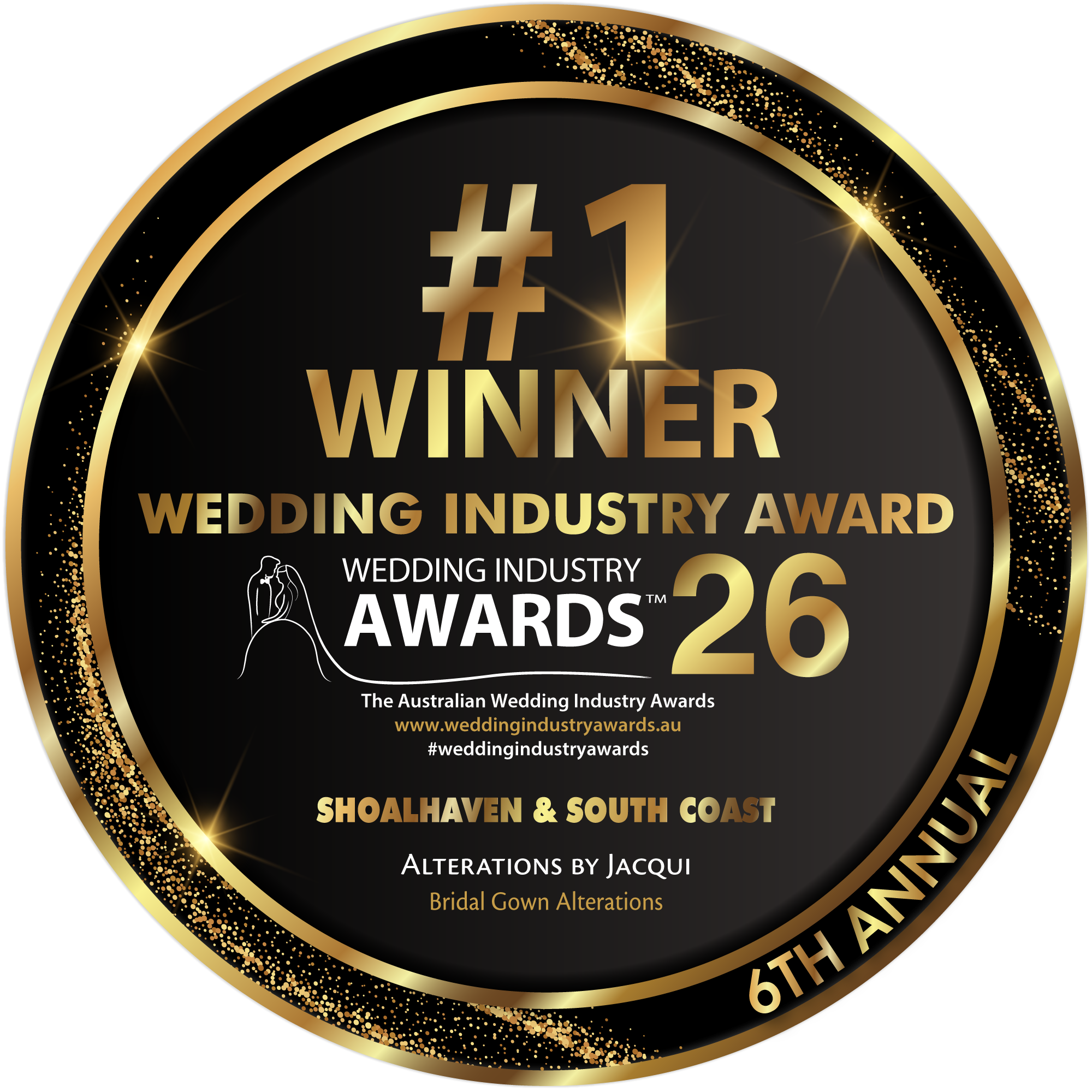 Wedding Industry Awards 2026 number one winner badge for Shoalhaven and South Coast bridal gown alterations awarded to Alterations by Jacqui