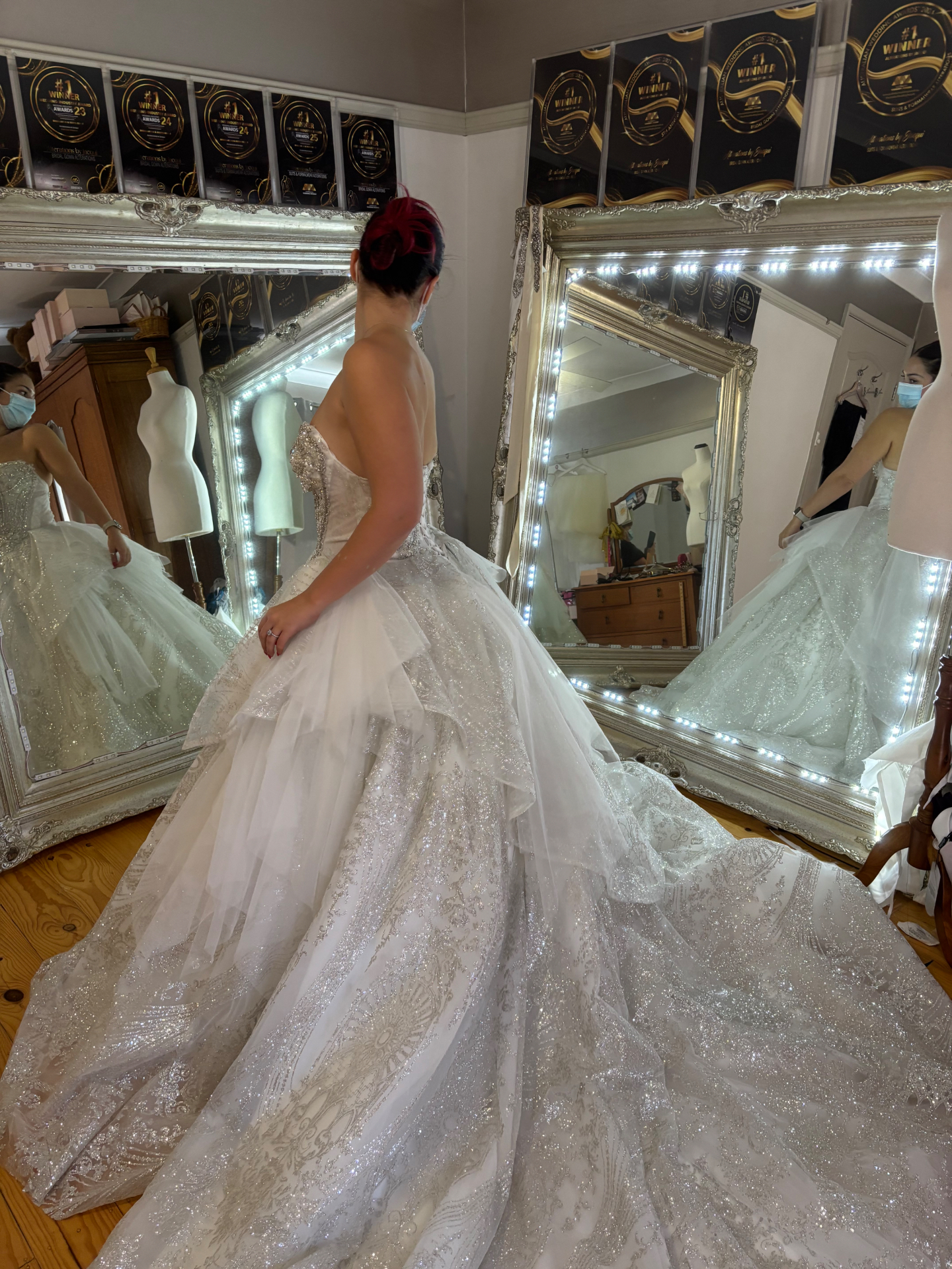 Bride in a beaded sweetheart glitter tulle ball gown wedding dress after bridal alterations and fitting by Jacqui in Shoalhaven Heads NSW