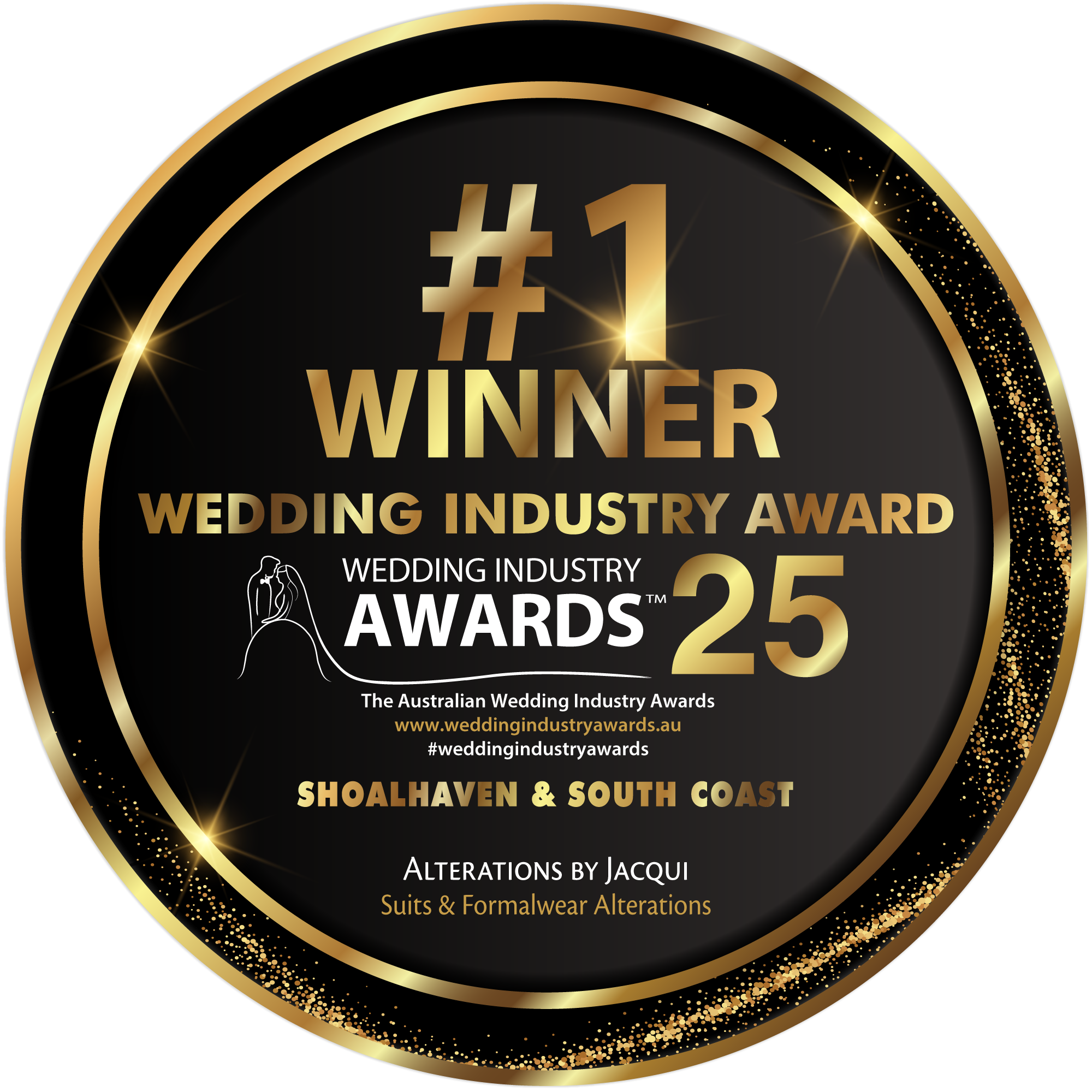 Wedding Industry Awards 2025 number one winner badge for Shoalhaven and South Coast suits and formalwear alterations awarded to Alterations by Jacqui