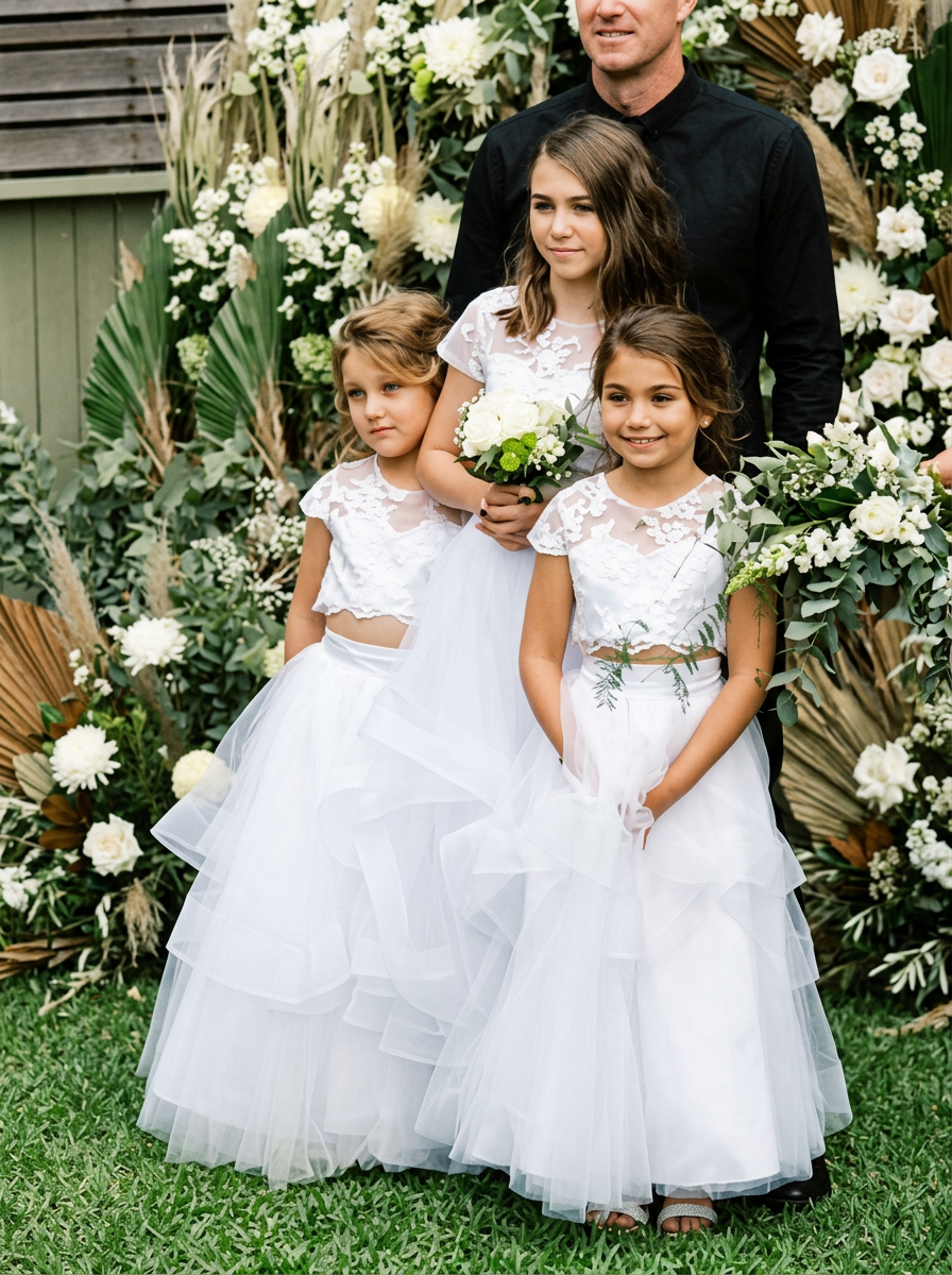 Flower girls in layered tulle skirts and lace tops after flower girl dress alterations, Shoalhaven Heads