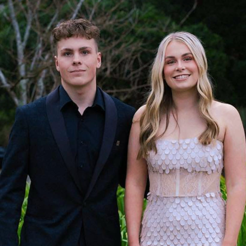 Groom in black tuxedo and bride in blush sequin formal gown — suit and gown alterations by Jacqui, NSW