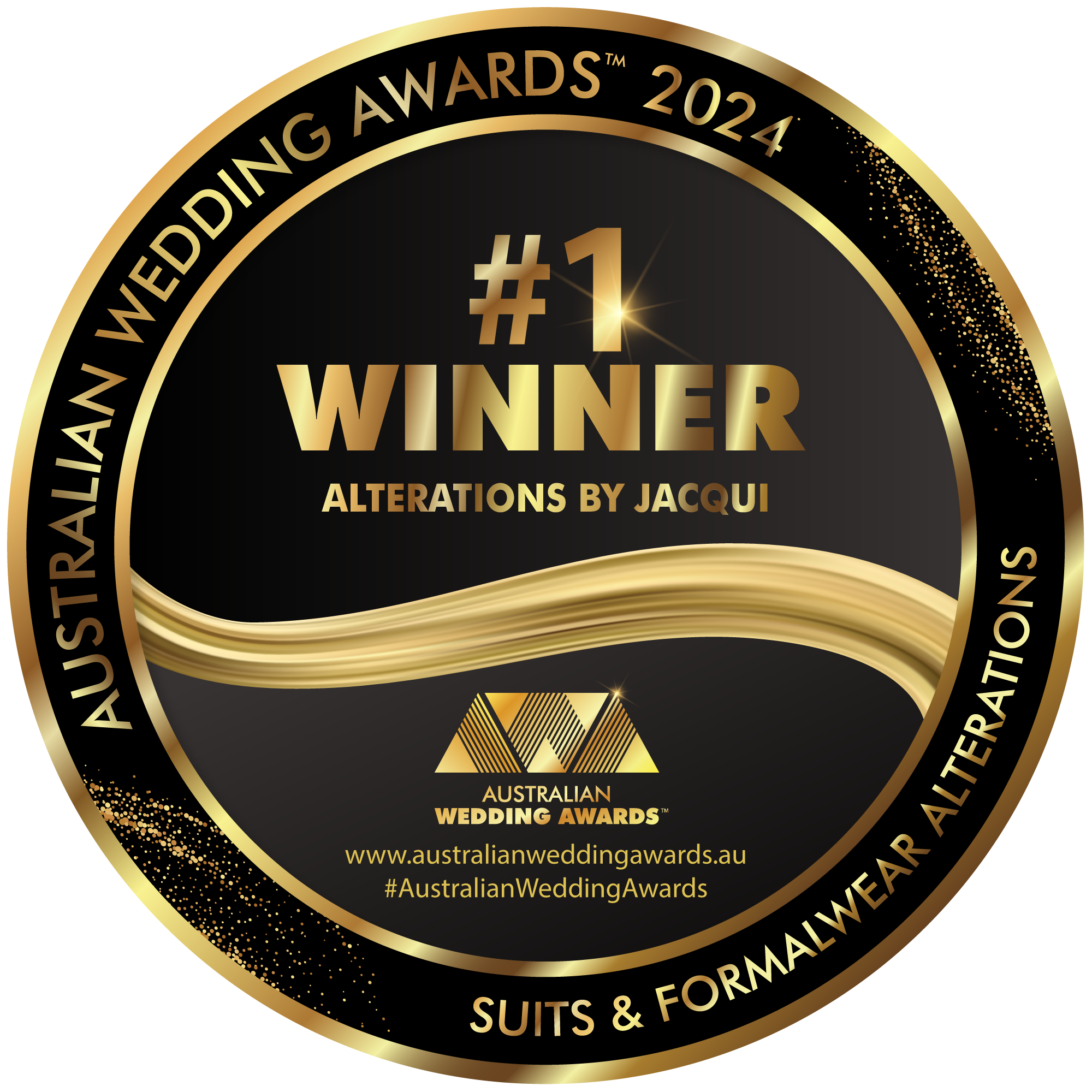 Australian Wedding Awards 2024 number one winner badge for suits and formalwear alterations awarded to Alterations by Jacqui