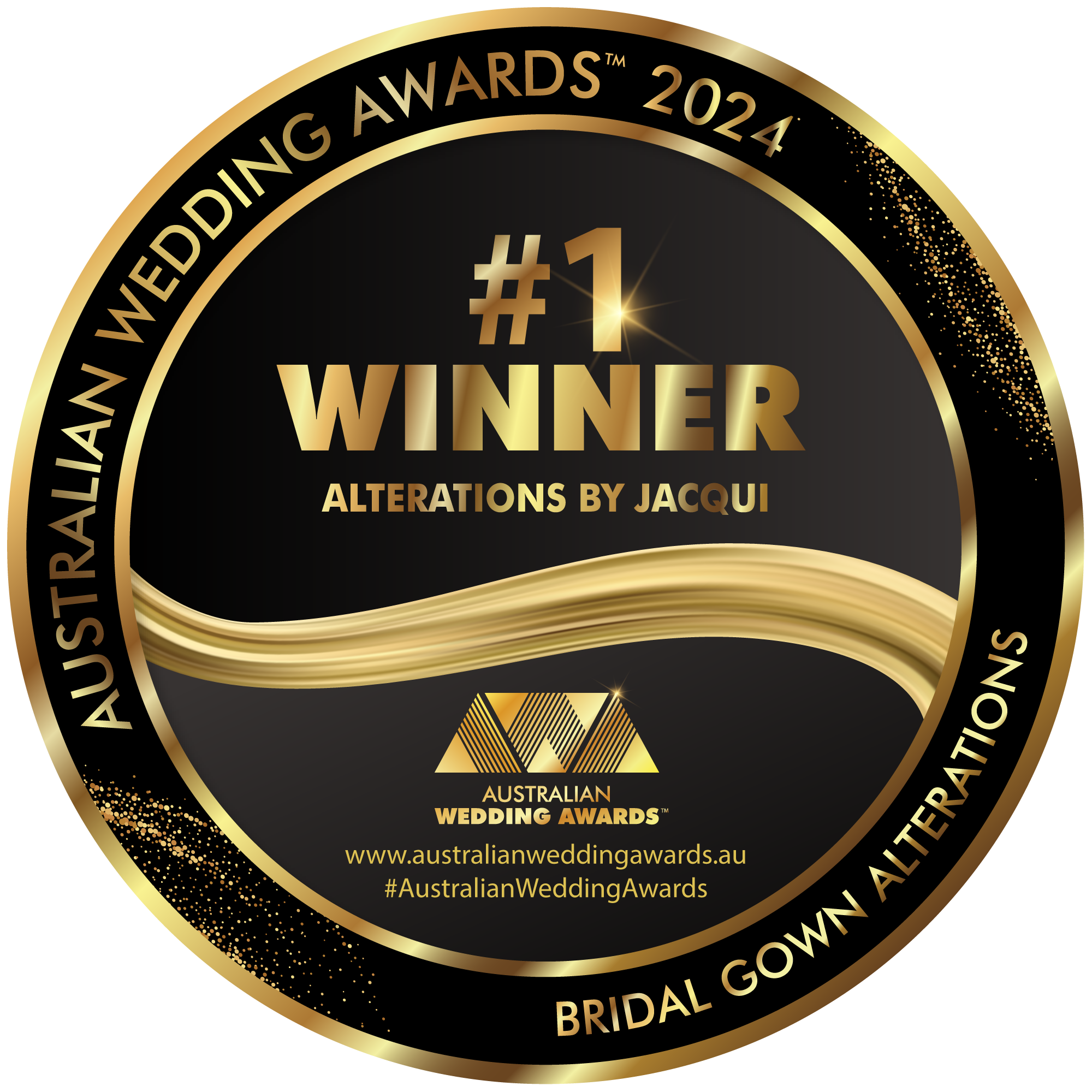 Australian Wedding Awards 2024 number one winner badge for bridal gown alterations awarded to Alterations by Jacqui