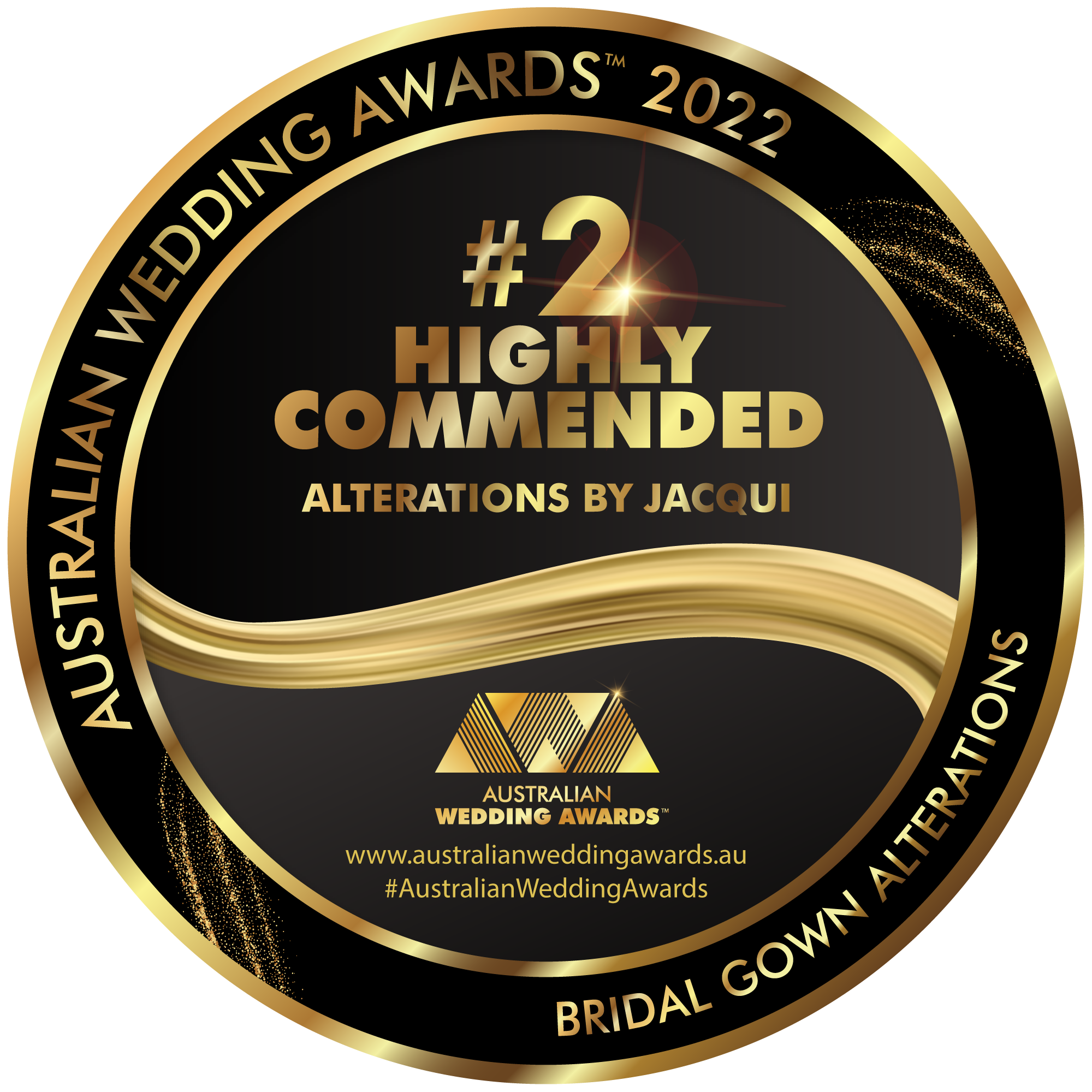Australian Wedding Awards 2022 highly commended badge for bridal gown alterations awarded to Alterations by Jacqui