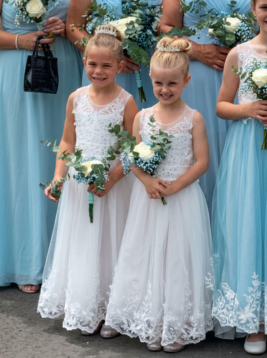 Two flower girls in lace dresses with tiaras and bouquets — bridal party fittings by Alterations by Jacqui