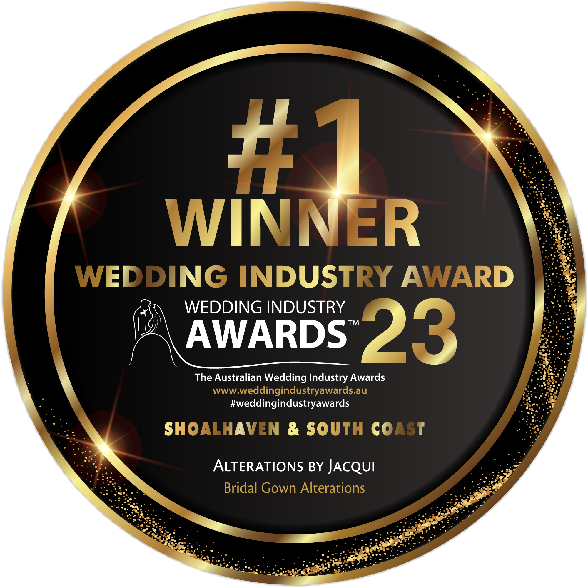 Wedding Industry Awards 2023 number one winner badge for Shoalhaven and South Coast bridal gown alterations awarded to Alterations by Jacqui