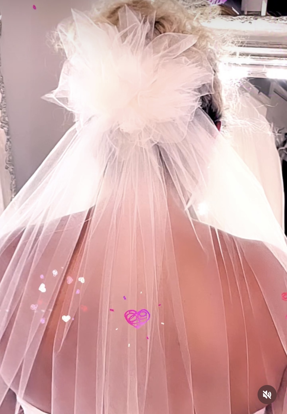 Bride from behind wearing a custom blush tulle veil with poof flower detail and statement bow — veil alterations by Jacqui