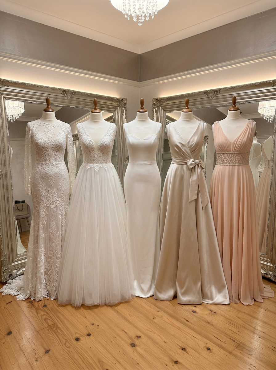 Collection of wedding gowns on mannequins at Alterations by Jacqui's bridal studio in Shoalhaven Heads, NSW South Coast