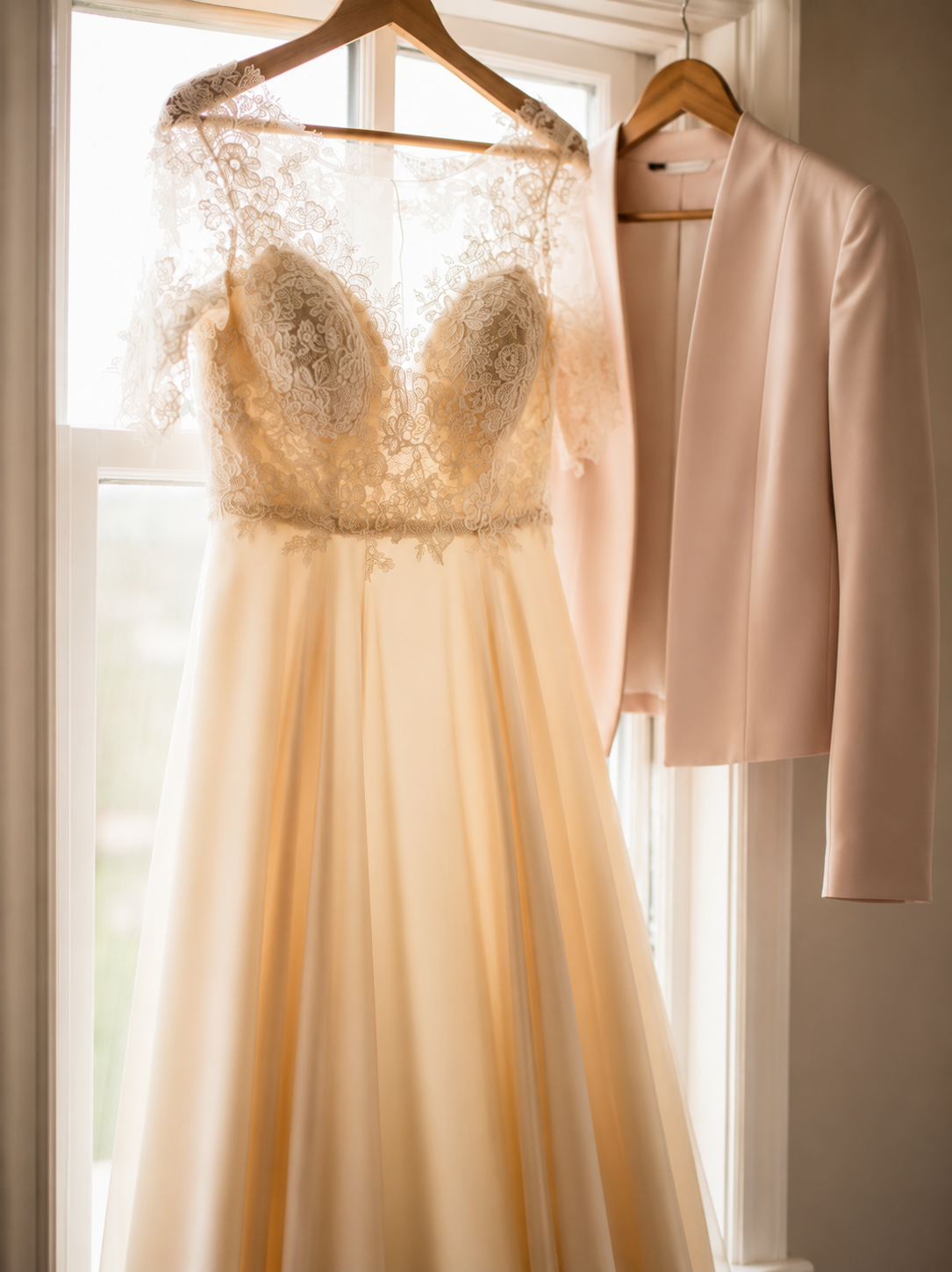 Ivory wedding gown and blush groom's suit by a sunlit window — wedding dress and suit alterations by Jacqui, Shoalhaven Heads NSW
